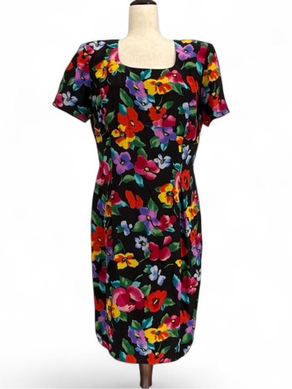 Maggy London 100% Silk vintage short sleeve vibrant multicolor Floral Dress 12